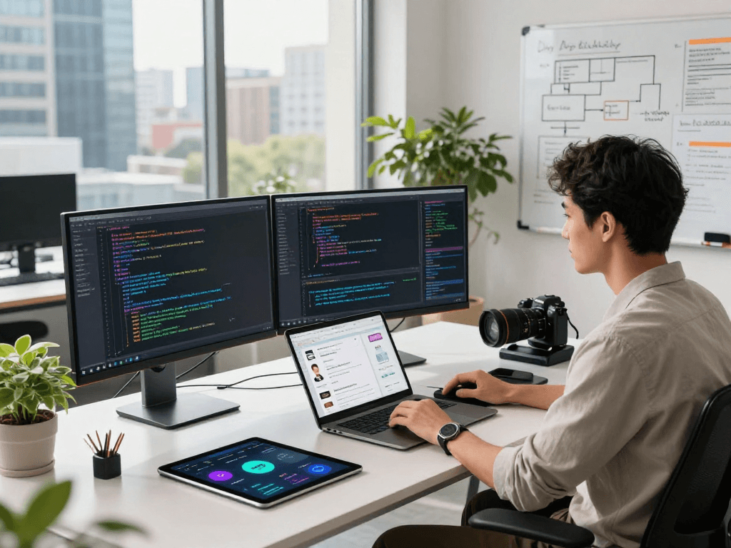 Explore Juicy ai advancements in a modern tech workspace with vibrant coding, innovative devices, and a collaborative atmosphere.