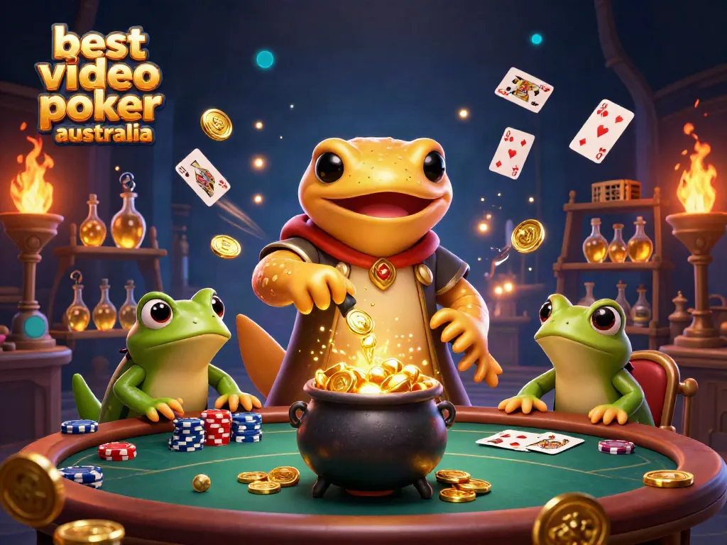 Experience the excitement of the best video poker Australia with a magical alchemist scene filled with poker elements.