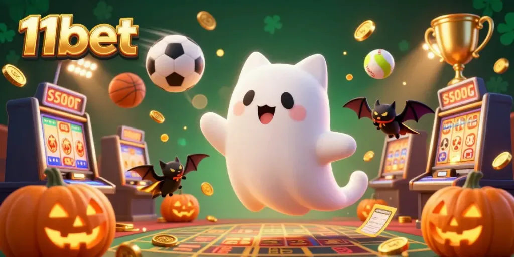 Experience thrilling gameplay with 11bet as a friendly ghost cat and bat shine in a vibrant casino atmosphere.
