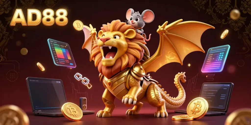Play exciting games and win big with AD88's captivating casino environment featuring vibrant golden creatures and cryptocurrencies.