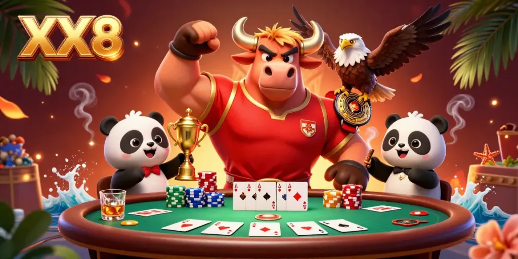 Experience the excitement of XX8 gaming with a triumphant bull, eagle, and panda in a vibrant casino atmosphere.