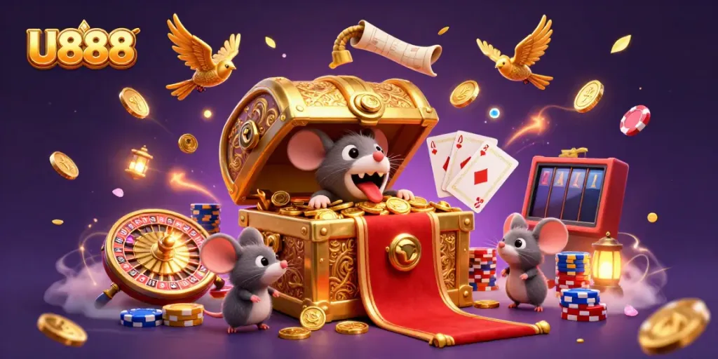 Experience thrilling wins with U888 as mice seek treasures in this vibrant casino scene.