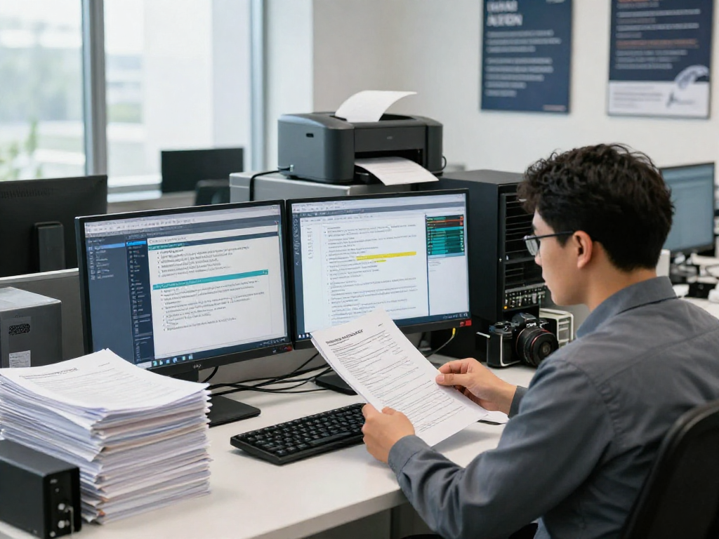 Document fraud detection analysis in a secure workspace, showcasing technology and vigilance.