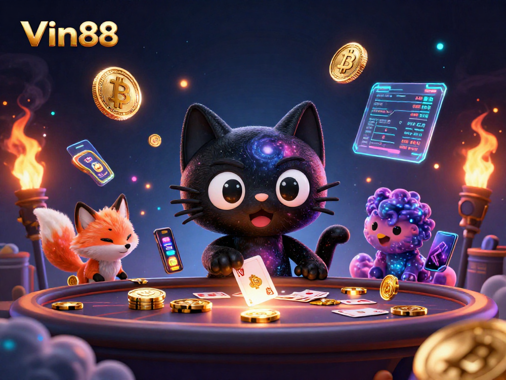 Vin88 brings excitement to your gaming experience with vibrant casino characters and digital elements.
