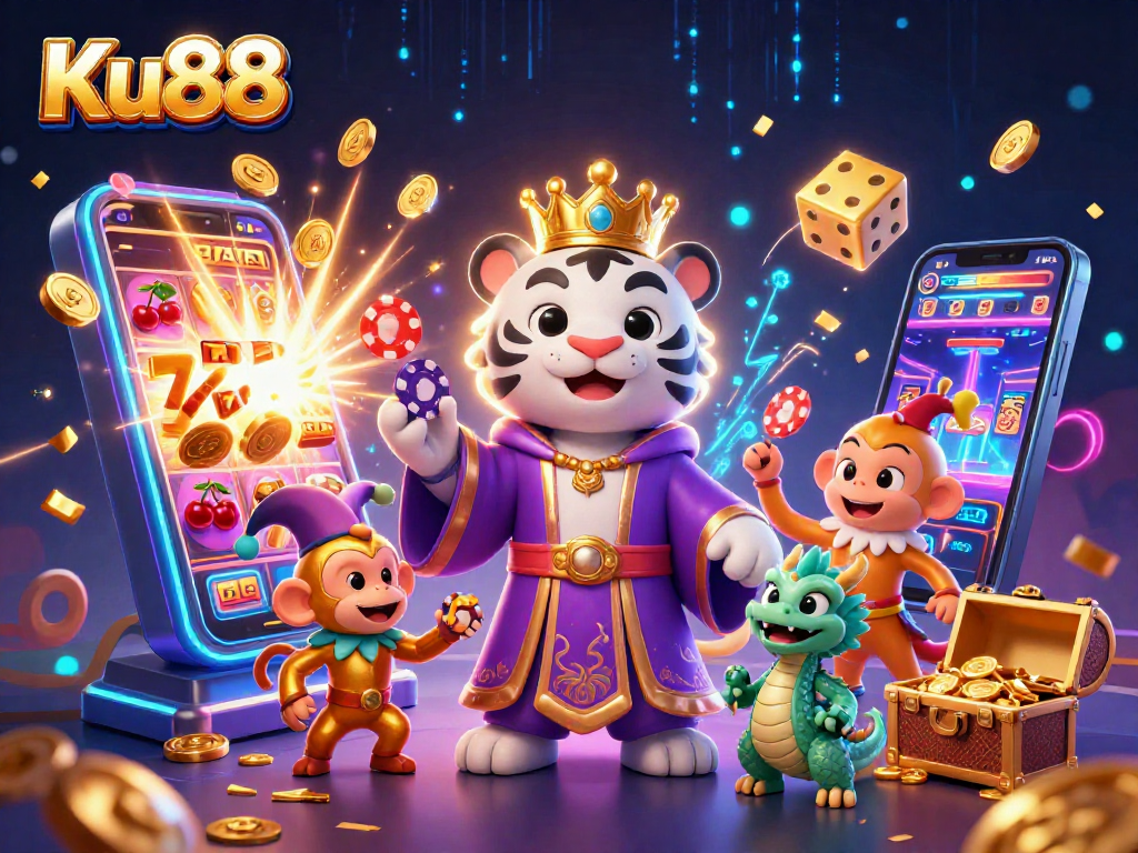 Experience thrilling action at Ku88 with a vibrant casino scene featuring playful characters and dynamic gaming elements.