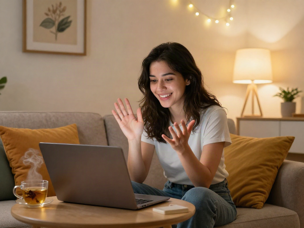 Engaging free ai sex chat in a cozy, intimate setting, showcasing a young woman on video call.
