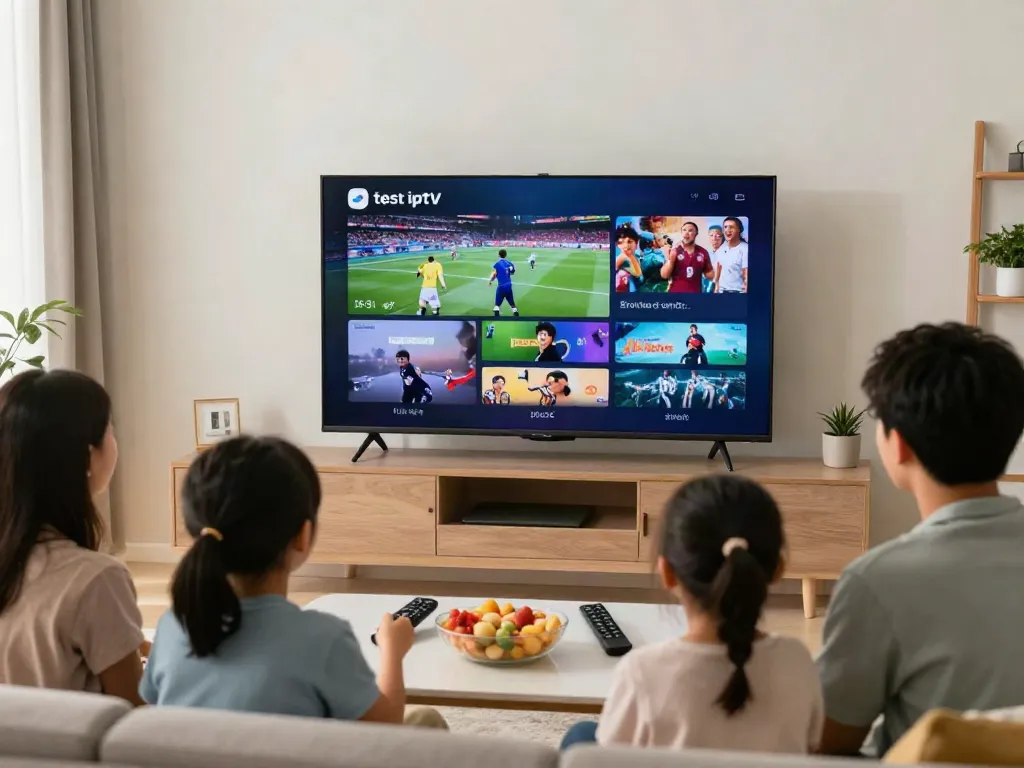 Family enjoying a vibrant test iptv service on a smart TV in a cozy living room.