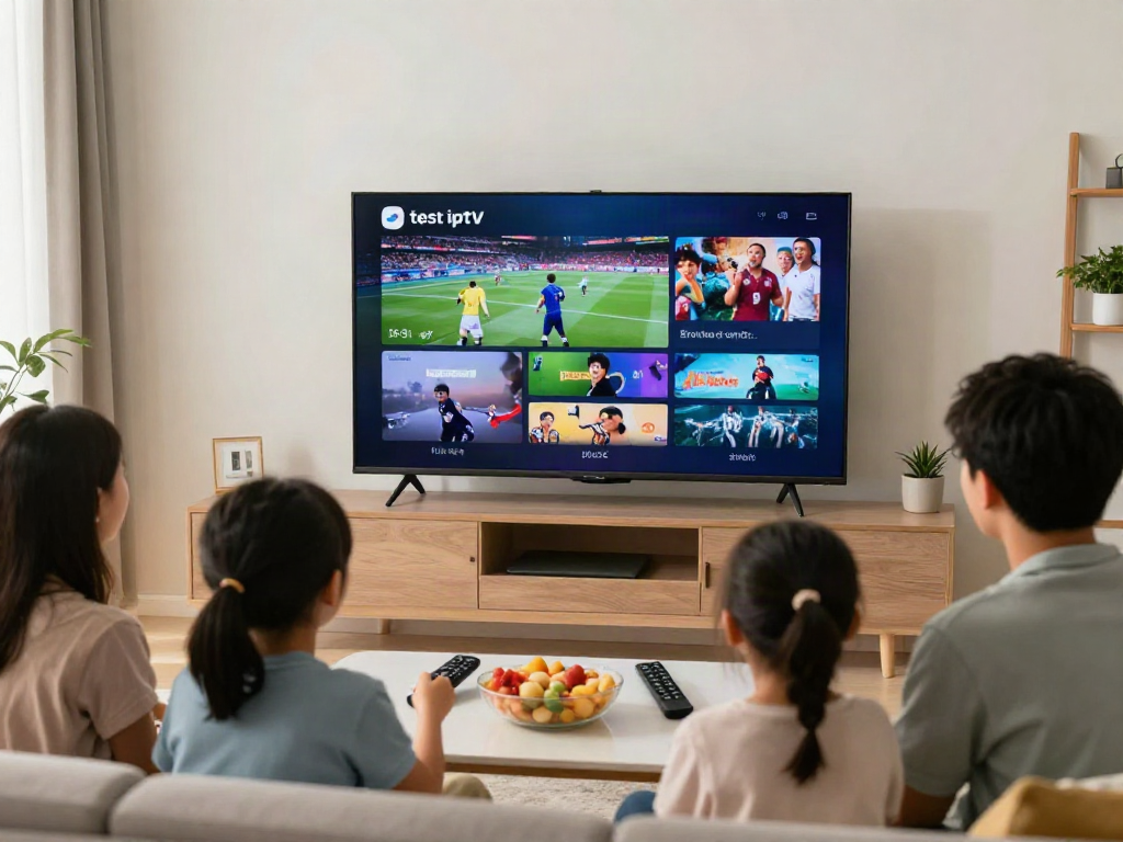 Family enjoying a vibrant test iptv service on a smart TV in a cozy living room.