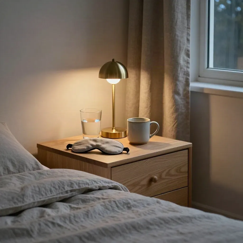 Comodino notturno con mascherina da sonno, acqua, tazza e lampada accesa accanto al letto.