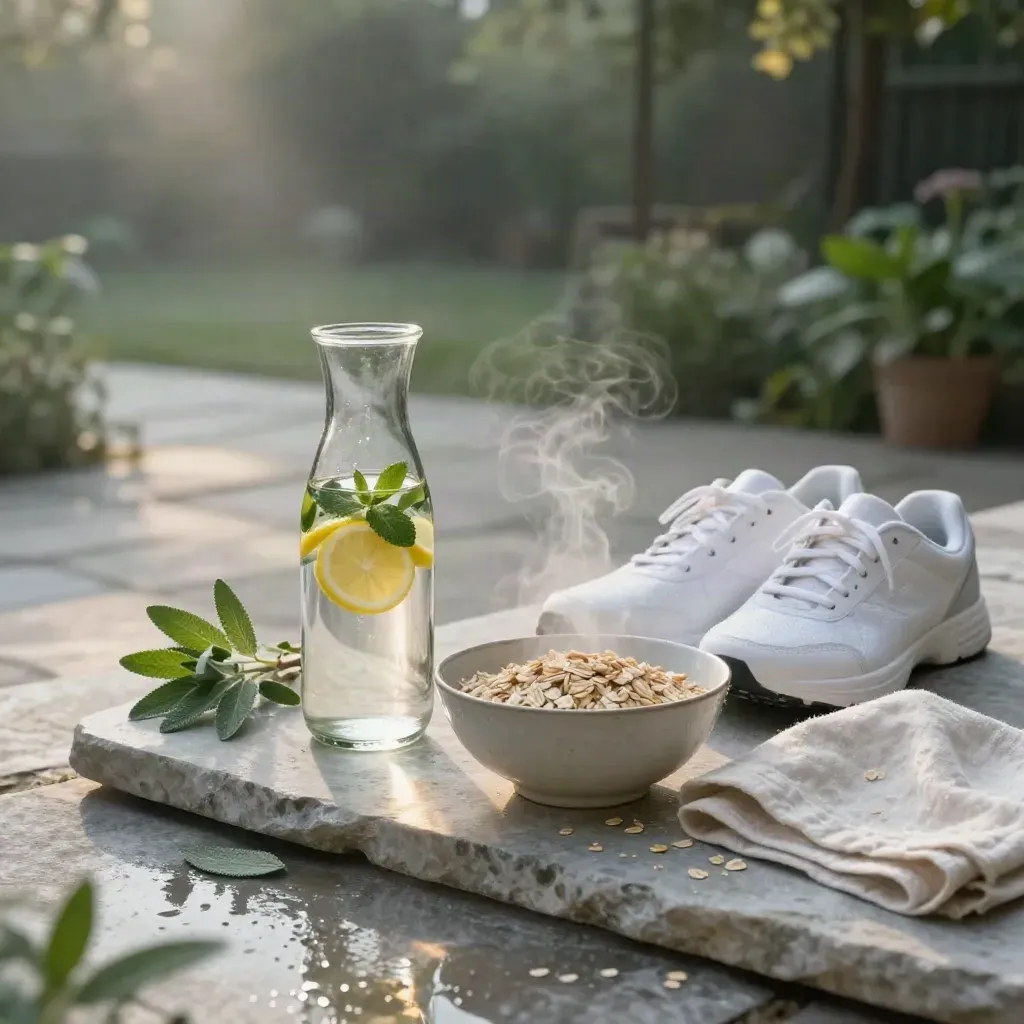 Tavola di pietra all’alba con caraffa d’acqua, avena, scarpe da corsa, lino e pianta aromatica.