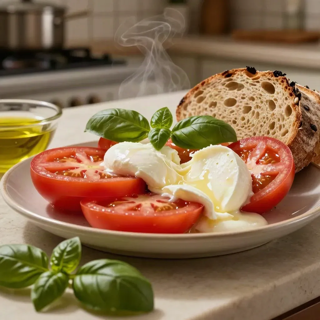 Pranzo veloce in cucina con pomodori, mozzarella, basilico, pane e olio sul piano di lavoro