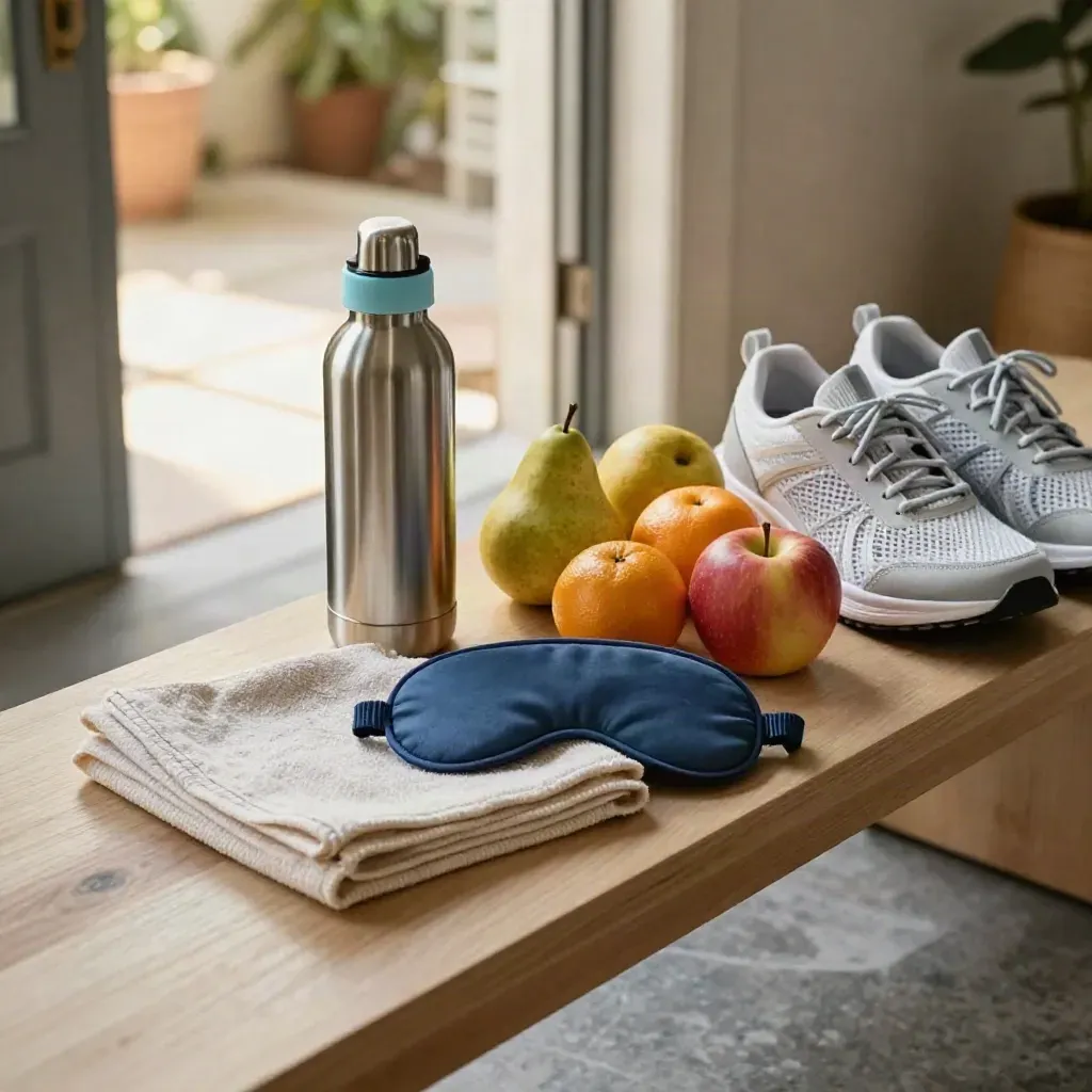 Panca d’ingresso con borraccia, frutta, asciugamano, mascherina sonno e scarpe sportive allineate.