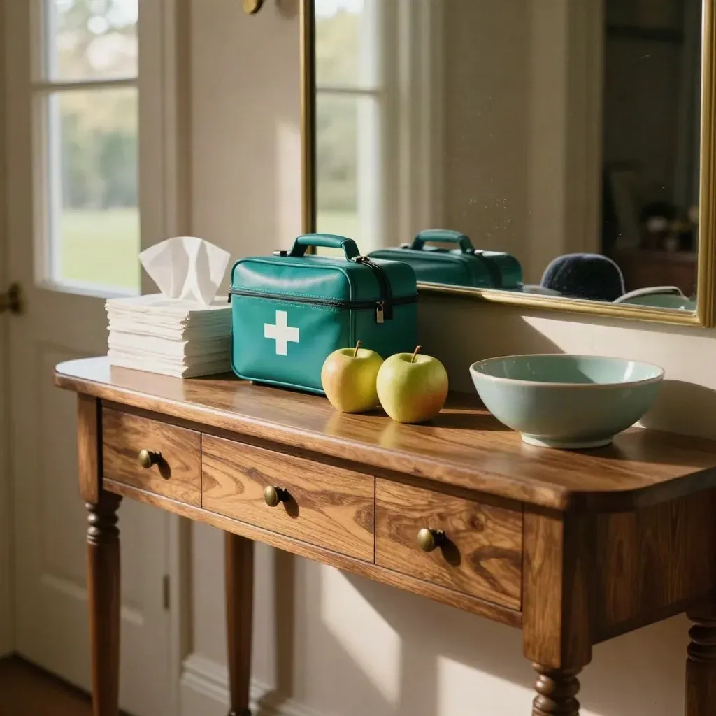 Console d’ingresso con kit primo soccorso, fazzoletti, mele, cappelli scolastici e ciotola in ceramica.