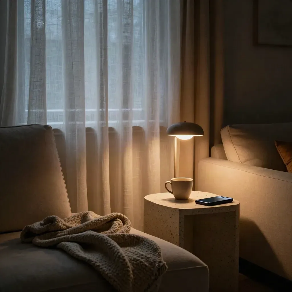 Soggiorno serale con tenda di lino, tazza, coperta piegata e telefono spento su tavolino.