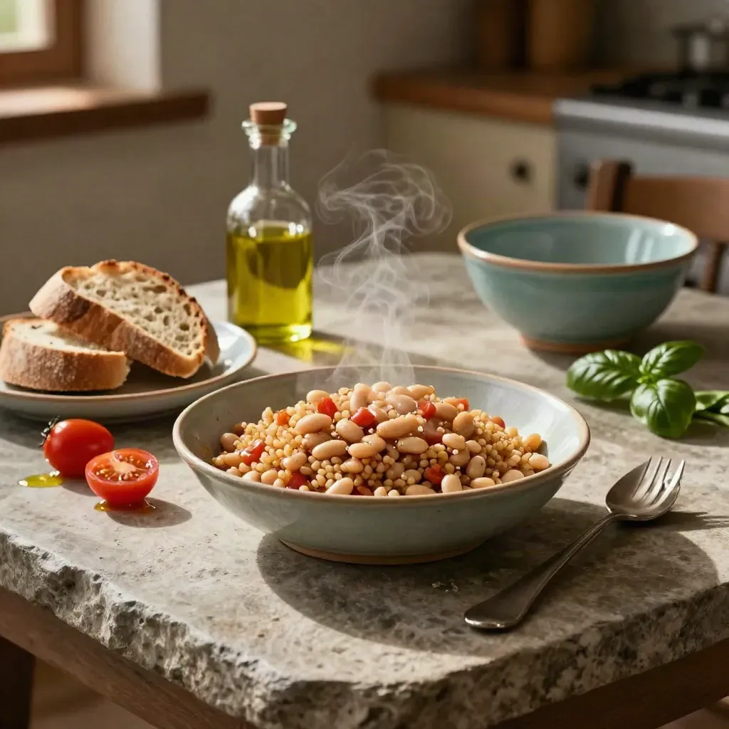 Piatto italiano semplice con farro, fagioli, pomodori, pane e basilico su pietra rustica.