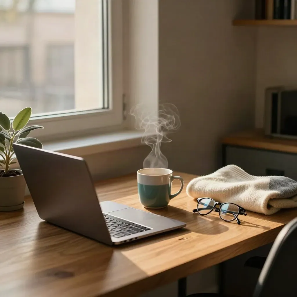 Angolo ufficio tranquillo con laptop chiuso, tazza, pianta, maglione e occhiali vicino alla finestra.