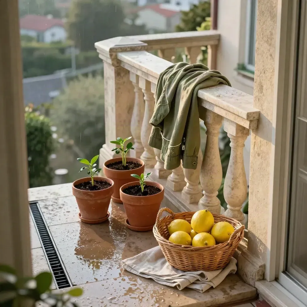 Balcone primaverile bagnato dalla pioggia con vasetti, limoni, giacca leggera e panno su pietra chiara.