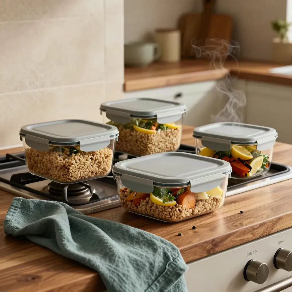 Tre contenitori pasto pronto con cereali, verdure arrostite, limone ed erbe sul piano cucina.