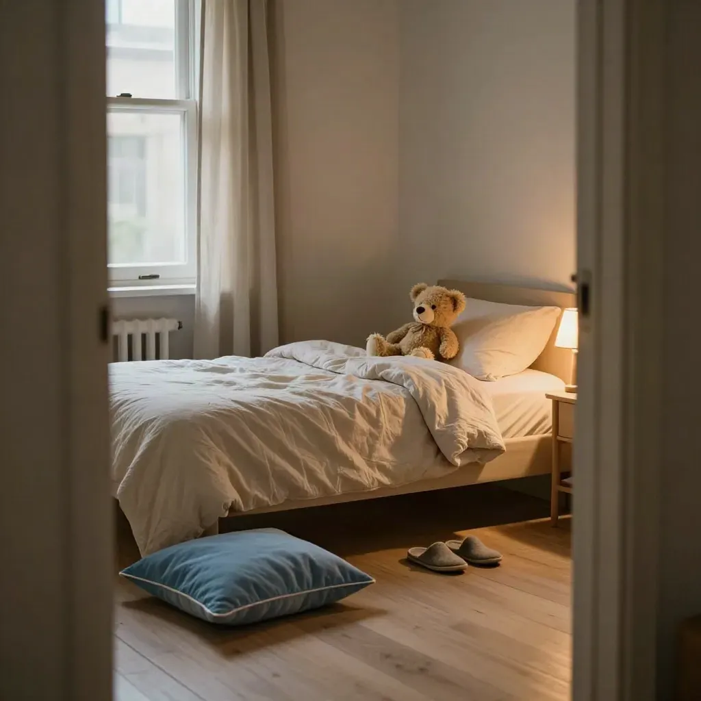 Cameretta serale con letto piccolo, peluche, pantofole e luce tenue dalla lampada.
