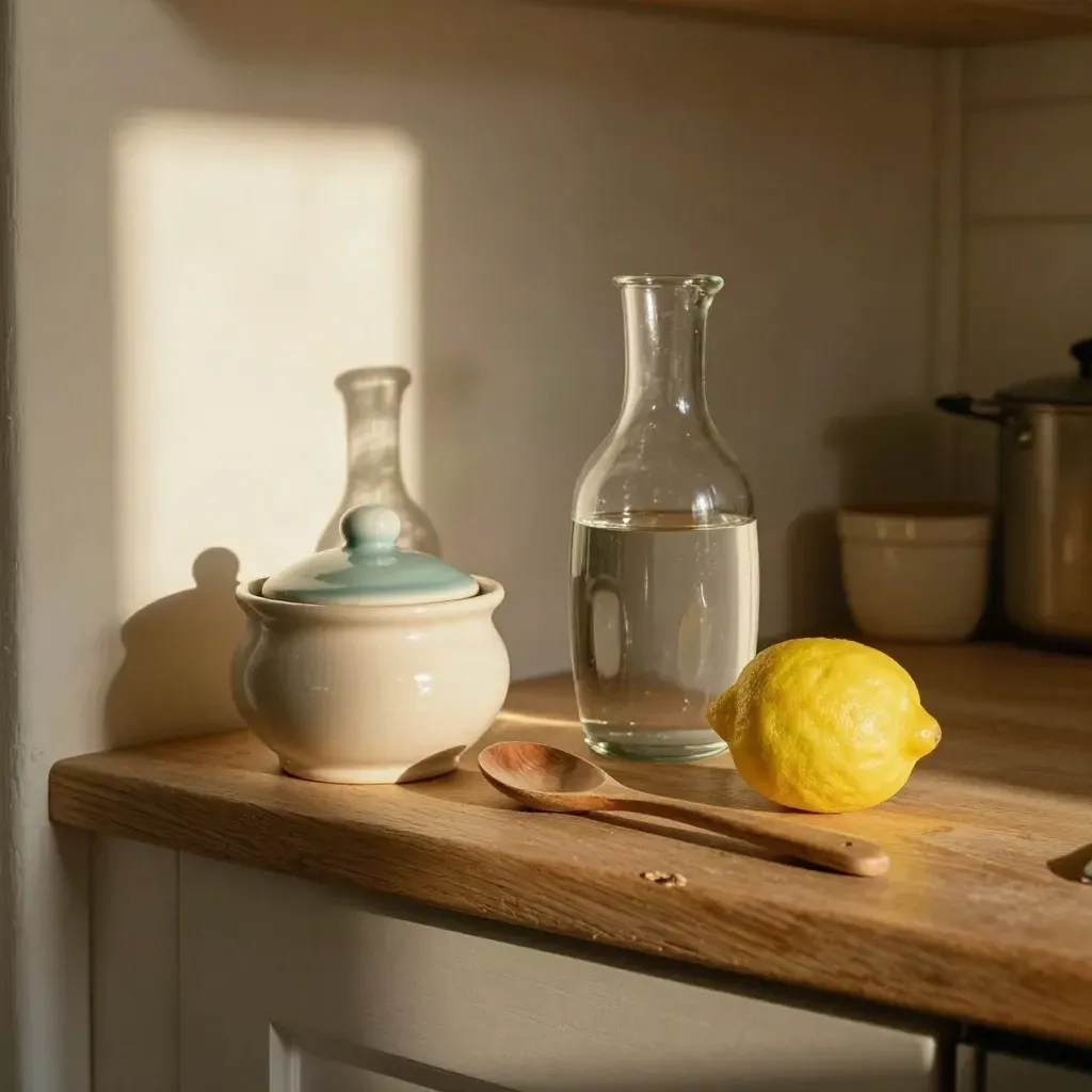 Saliera, zuccheriera, caraffa d’acqua, limone e cucchiaio di legno su mensola chiara in cucina