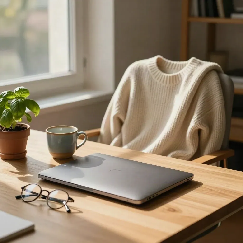 Scrivania d'ufficio con laptop chiuso, tazza, pianta, occhiali e maglione sulla sedia, luce calda laterale