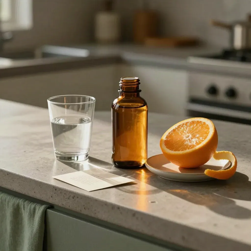 Flacone di integratori con acqua, agrumi e piattino in cucina, luce morbida e atmosfera calma.