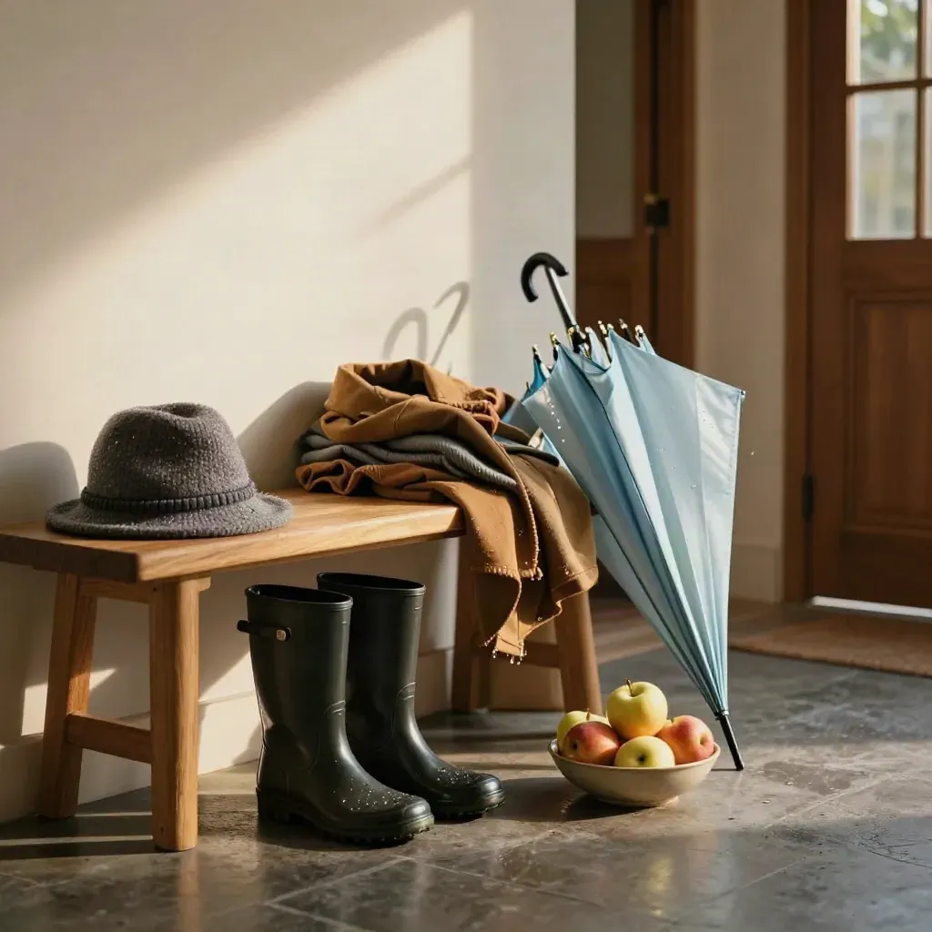 Ingresso familiare autunnale con stivali, cappelli, ombrello, mele e cappotti su una panca