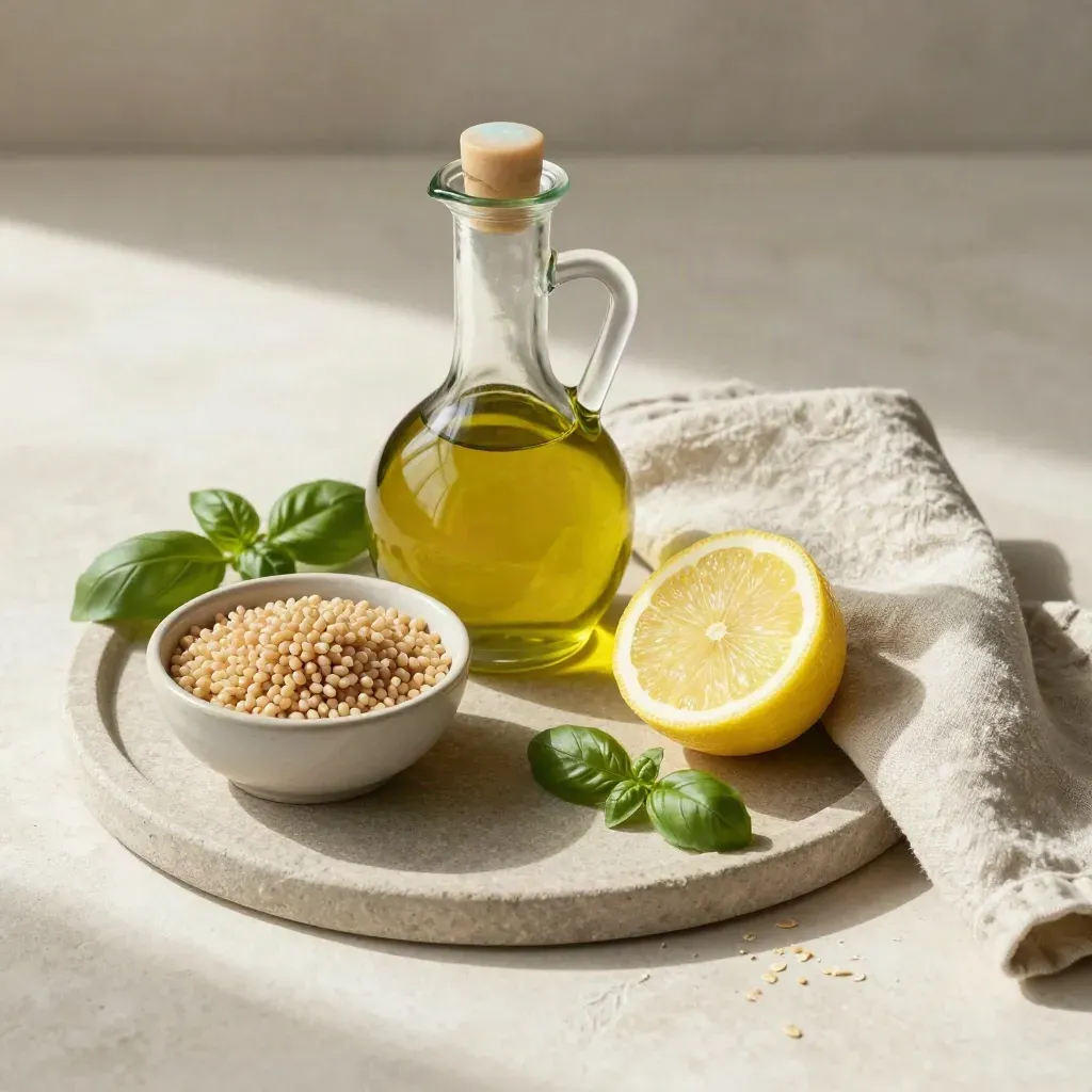 Caraffa in vetro opalino con farro, limone, basilico e lino su vassoio di pietra.