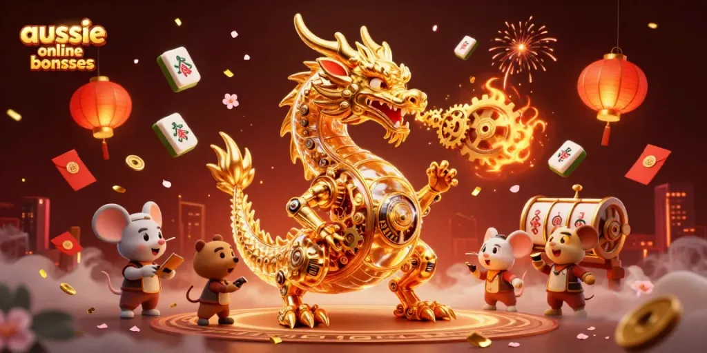 Win big with aussie online casino bonuses illustrated by a golden dragon and game elements.