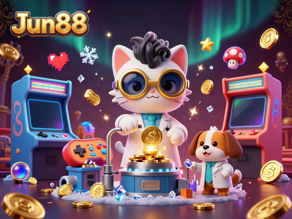 Experience Jun88 with an exciting scene of a mad scientist cat and assistant creating gold coins in a vibrant casino setting.