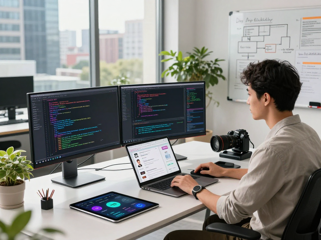 Explore Juicy ai advancements in a modern tech workspace with vibrant coding, innovative devices, and a collaborative atmosphere.